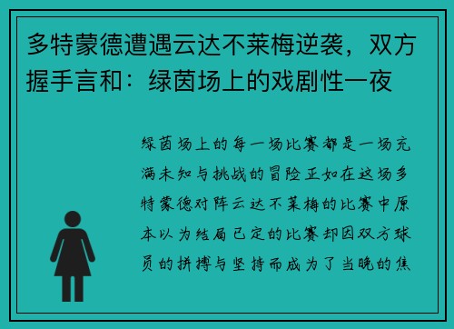 多特蒙德遭遇云达不莱梅逆袭，双方握手言和：绿茵场上的戏剧性一夜