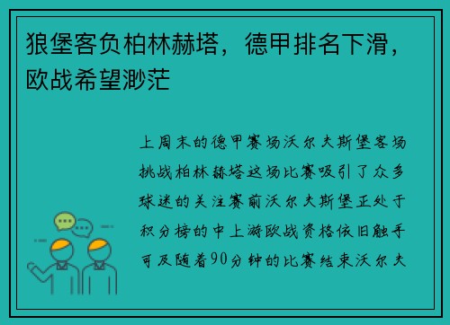 狼堡客负柏林赫塔，德甲排名下滑，欧战希望渺茫