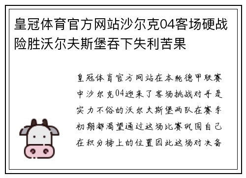 皇冠体育官方网站沙尔克04客场硬战险胜沃尔夫斯堡吞下失利苦果