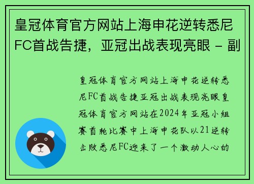 皇冠体育官方网站上海申花逆转悉尼FC首战告捷，亚冠出战表现亮眼 - 副本